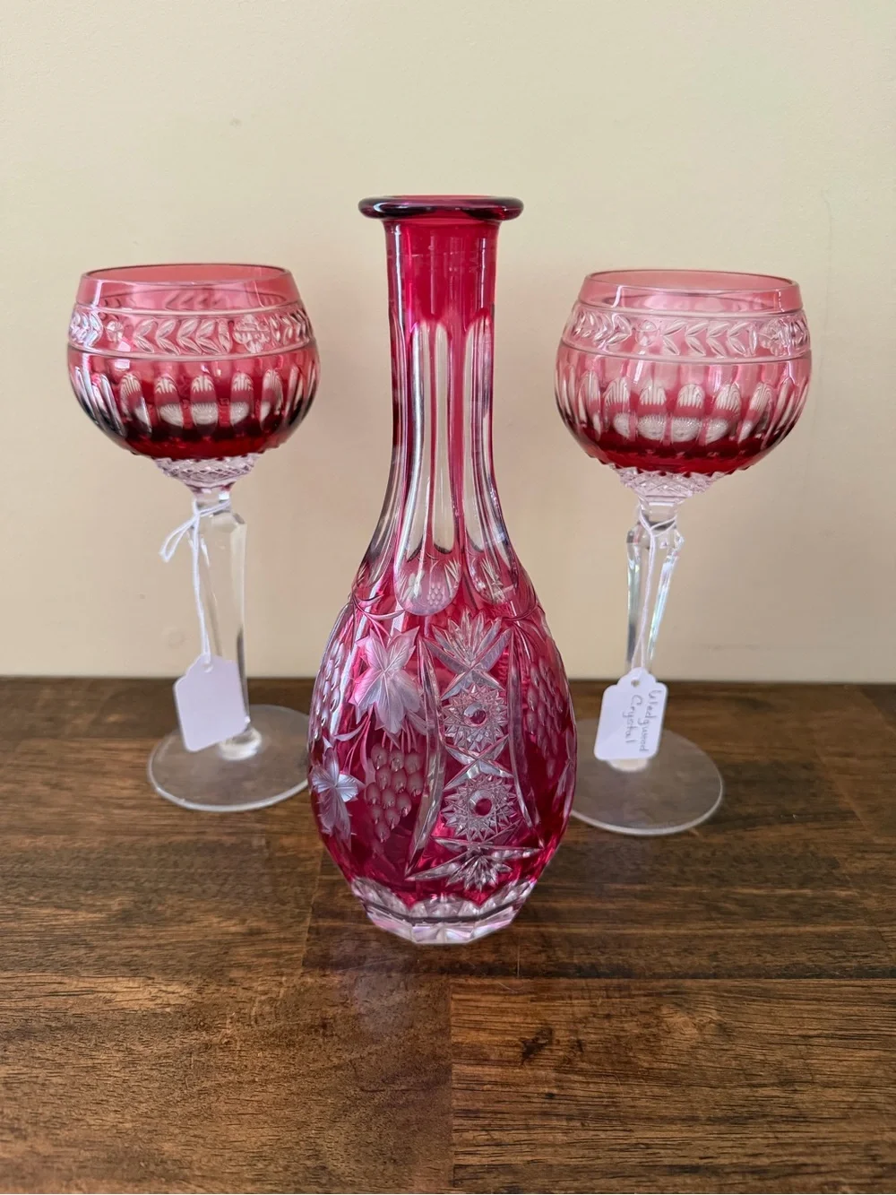 Wedgwood Cut-to-Clear Ruby Red Glass Decanter with matching Goblets